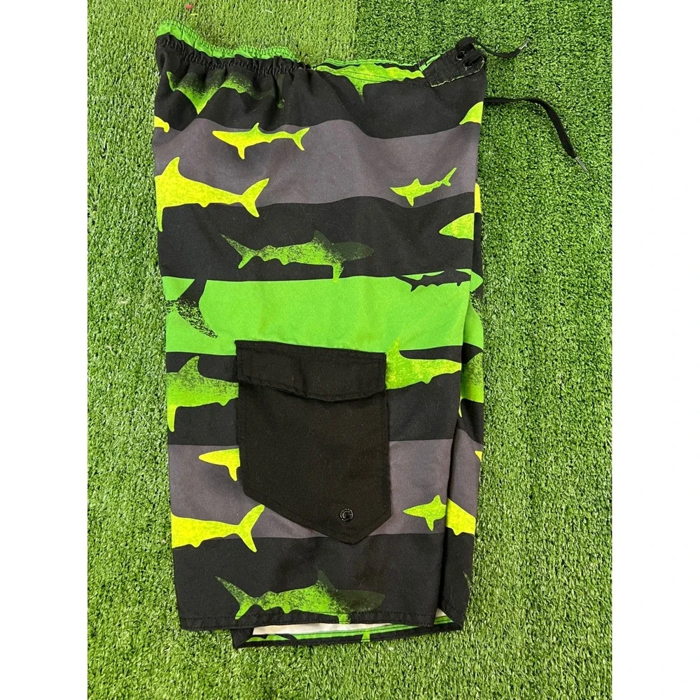 Hang Ten Mens‎ XL 32W Shark Print Board Shorts Black Neon Green Striped Swim